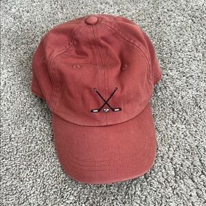 J Crew Rust Red Baseball Cap with Embroidered Hockey Sticks